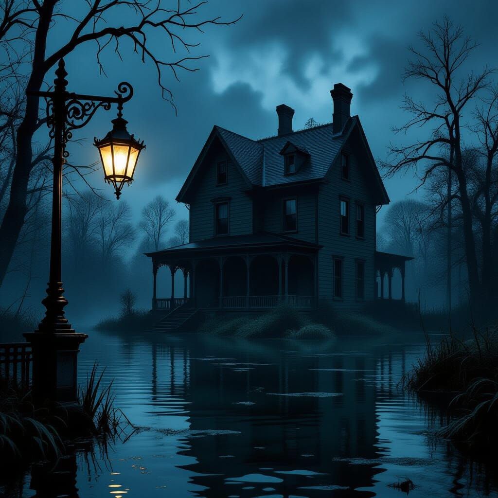Gothic Horror Victorian Manor in Swamp at Twilight