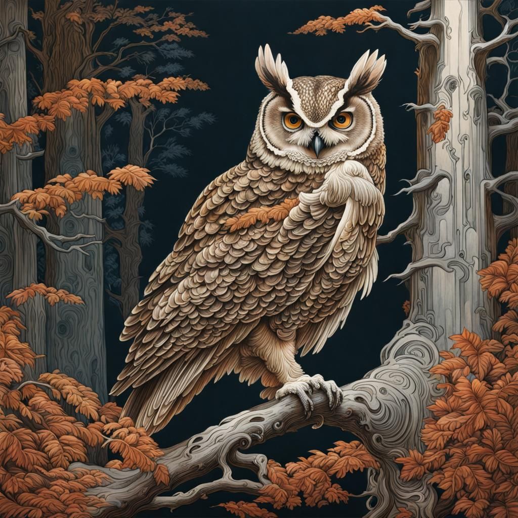 Owl in Fulvous Forest: Ink and Wash Monochromatic Study