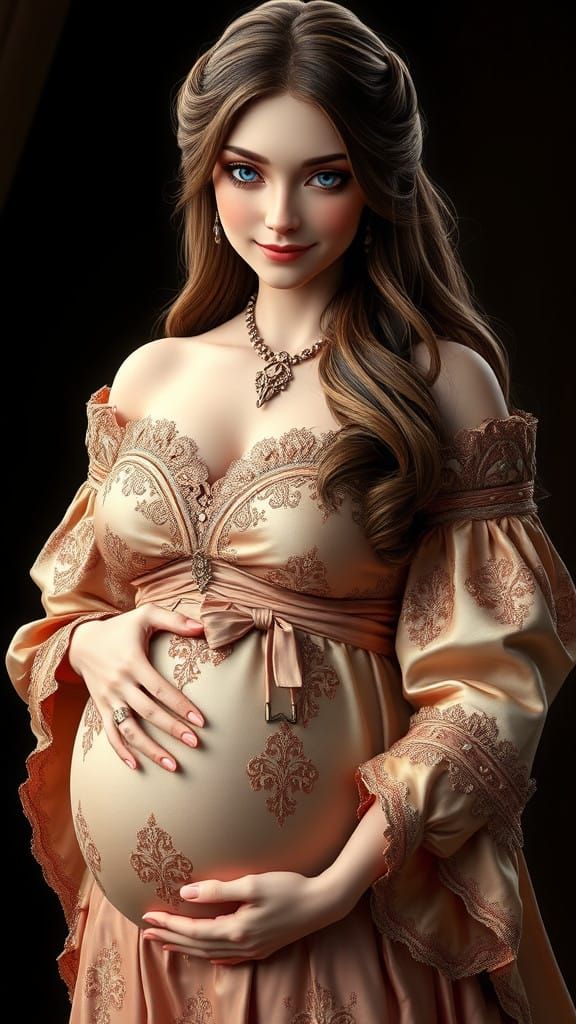 Regal Fantasy Pregnant Queen in Medieval Rose Gold Gown