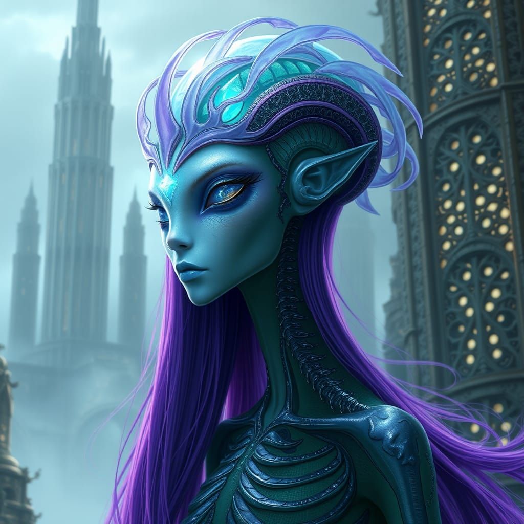 an alien female with an elongated head and fins, a crystal i...