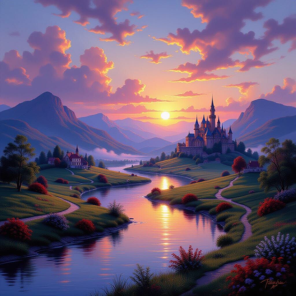 Serene Landscape Oil Painting at Sunset