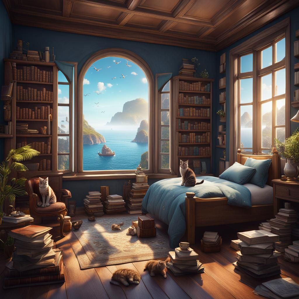 Seaside Bedroom with Books and Cats