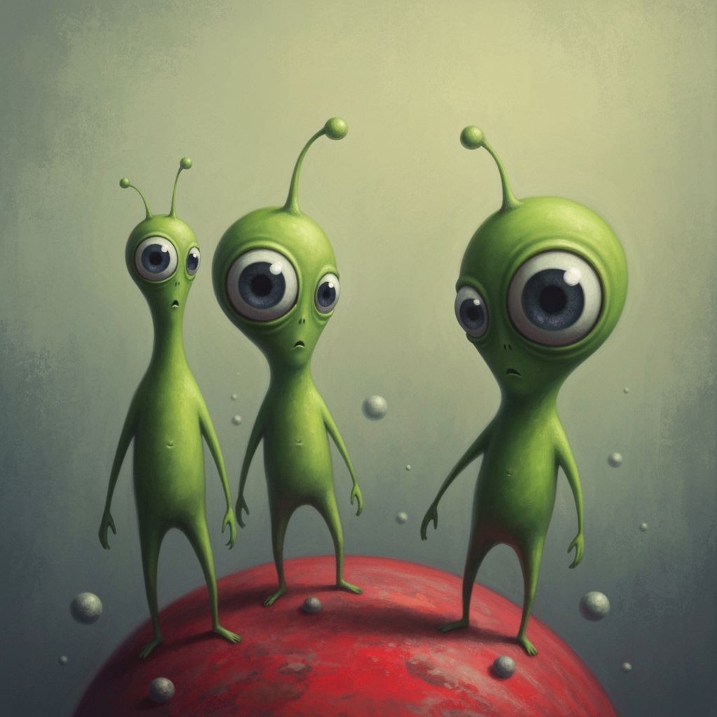 Whimsical Green Aliens on a Red Planet