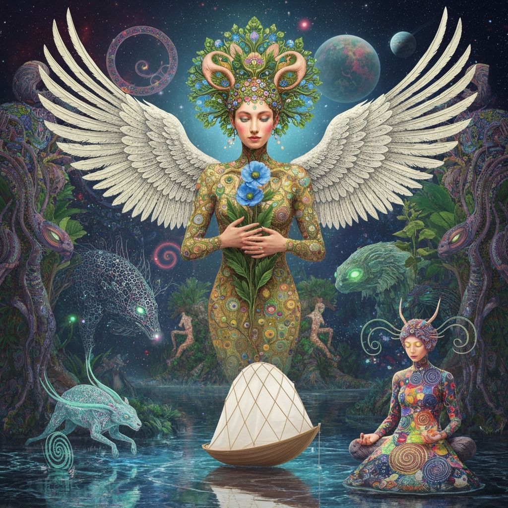 Fantasy Figure with Swan Wings in Klimt Style Blooms