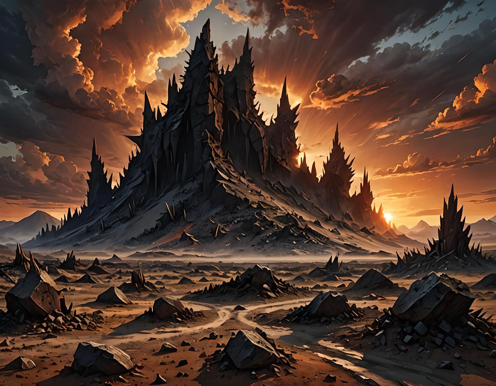 Dark Fantasy Wasteland at Sunset