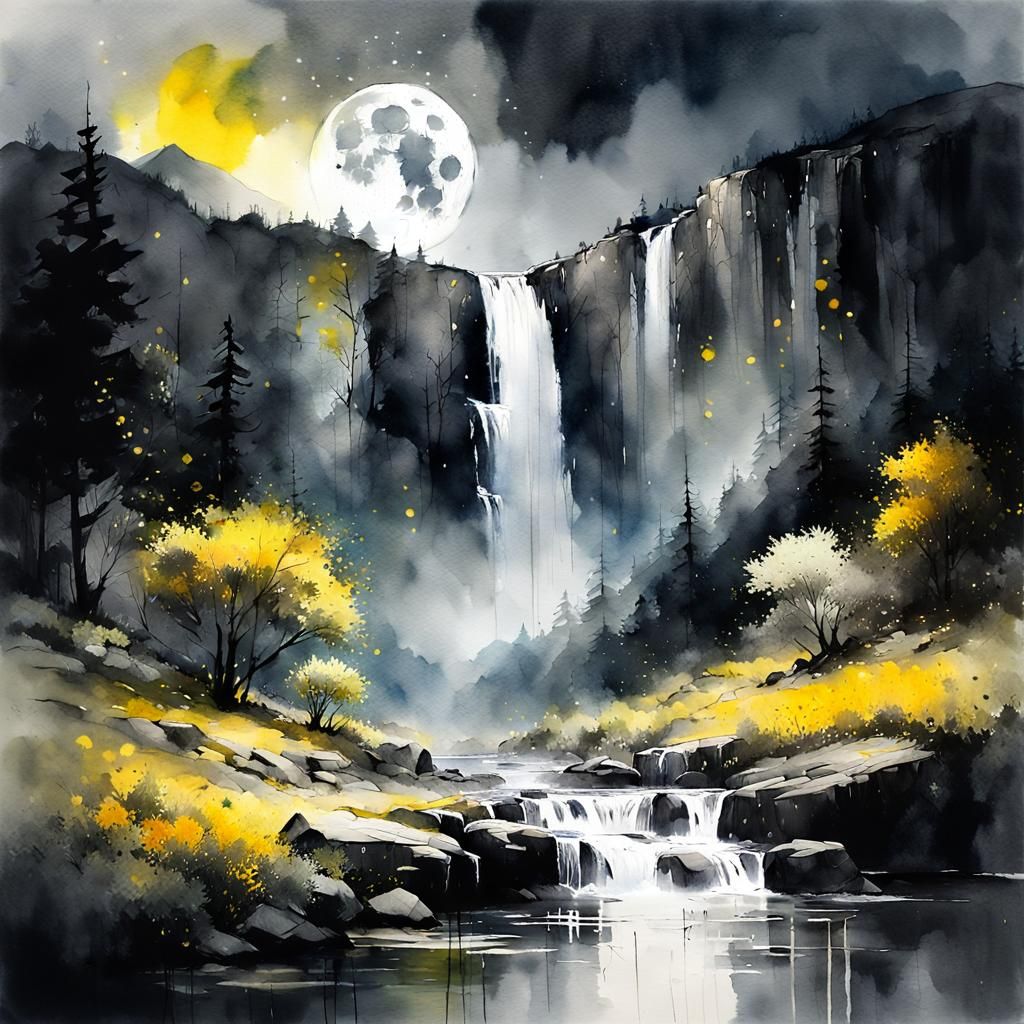 Lush Moonlit Waterfall: Watercolor Illustration