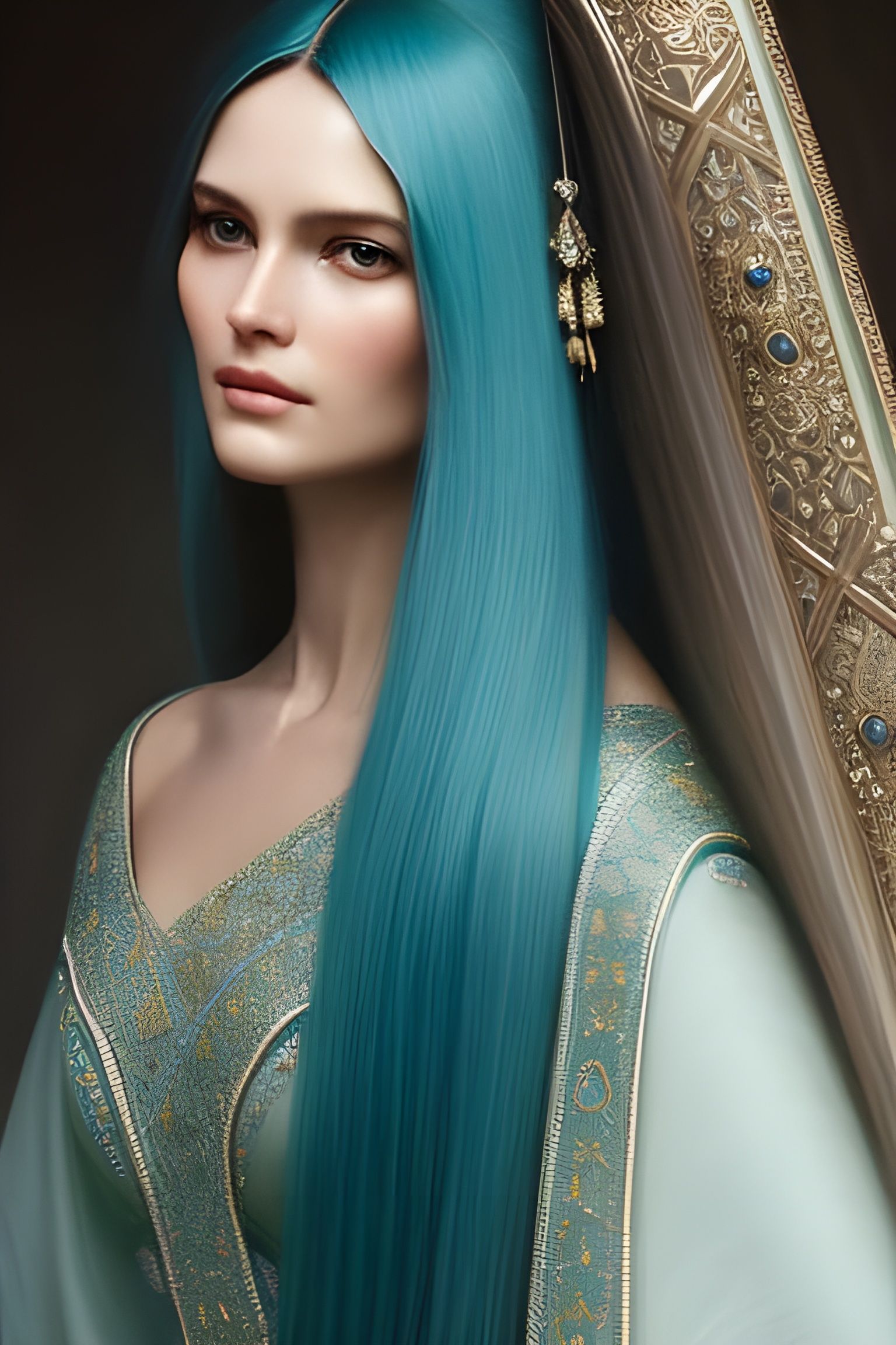 Elegant Woman with Seafoam Hair, Detailed Oil Painting