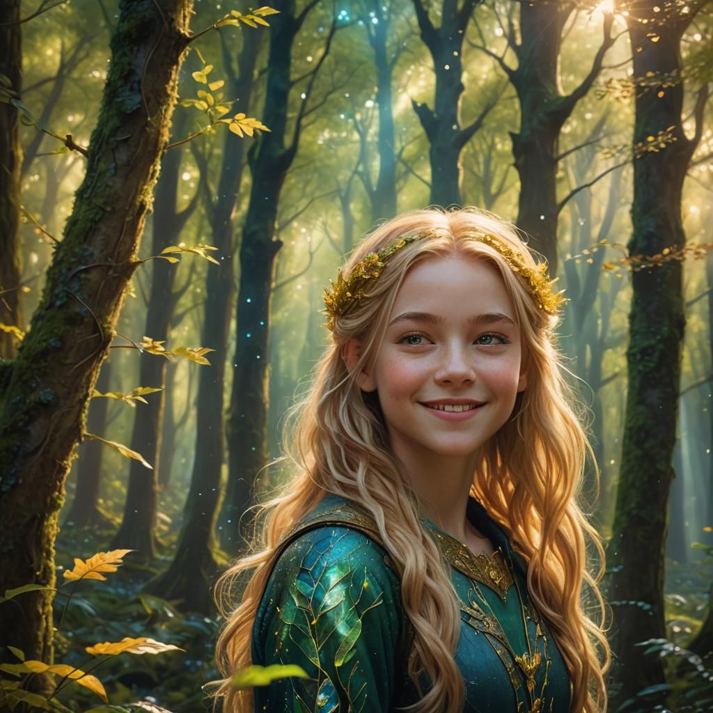 Golden-Haired Girl in Forest, Art Nouveau Style