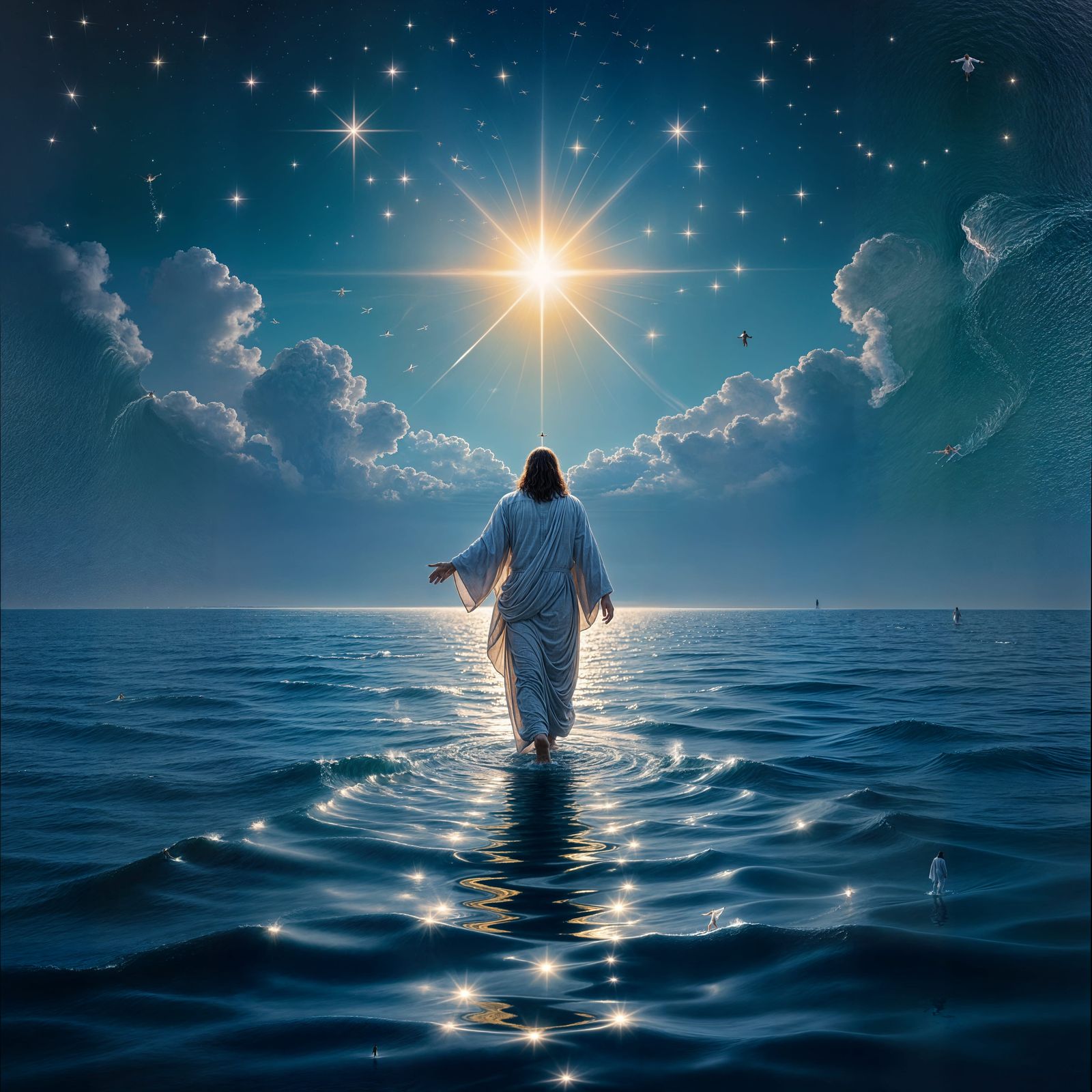 Jesus Walking on Water in a Calm Sea