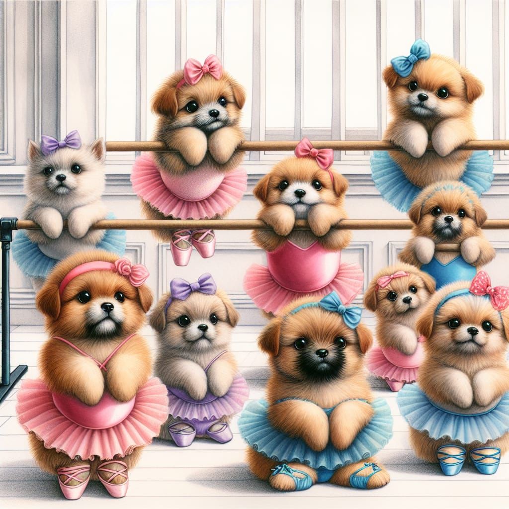 Puppies in Ballet Tutus Take Class in Whimsical Watercolor S...