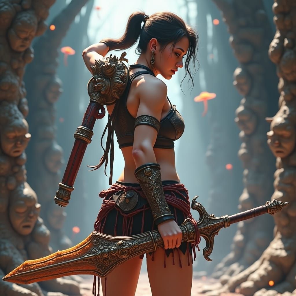 Female Warrior Training in Mystical Forest, Epic Fantasy Art