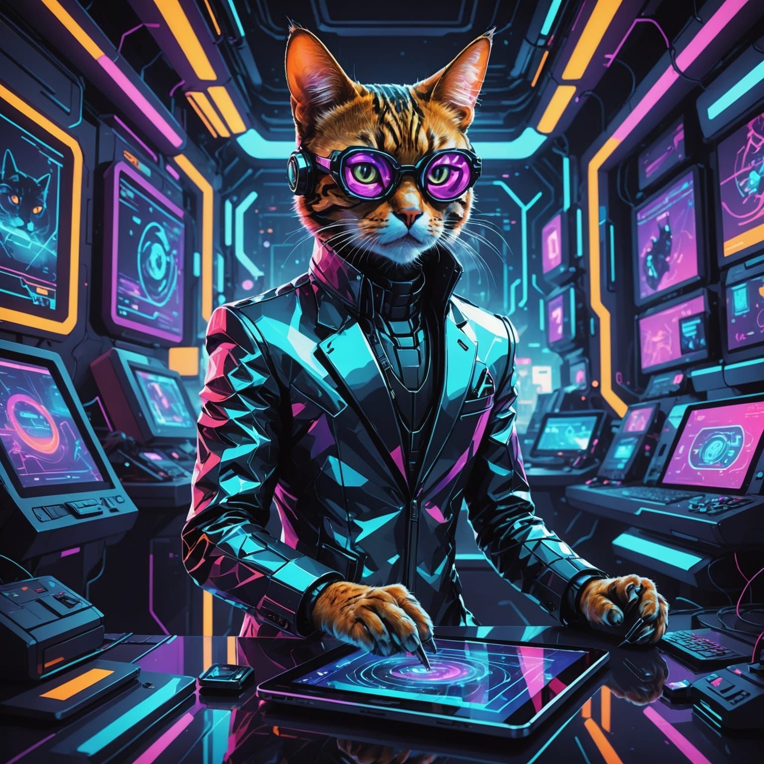 Cyberpunk Cat Creates Digital Art on Tablet