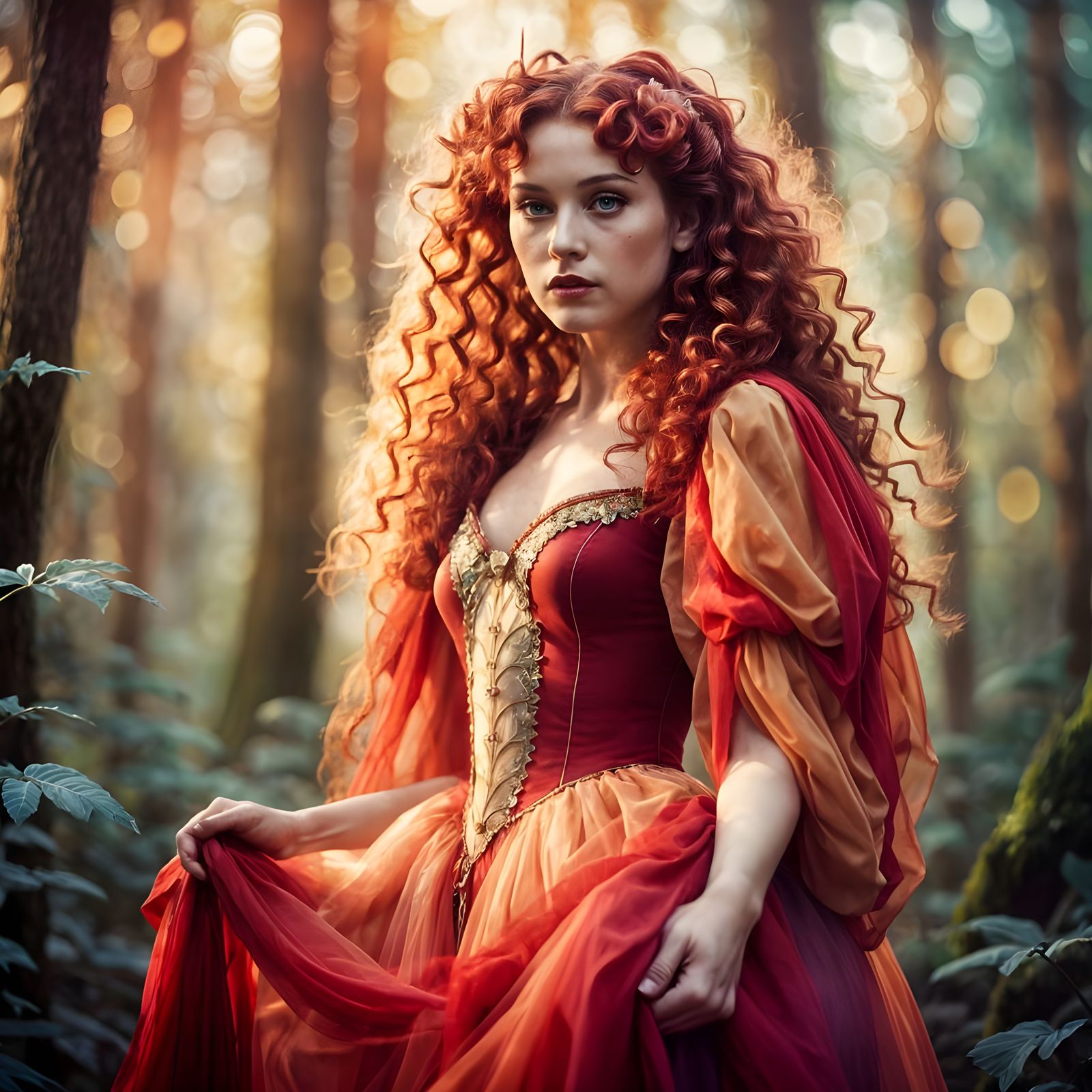 Fantasy Fairy Queen with Red Curls in Forest