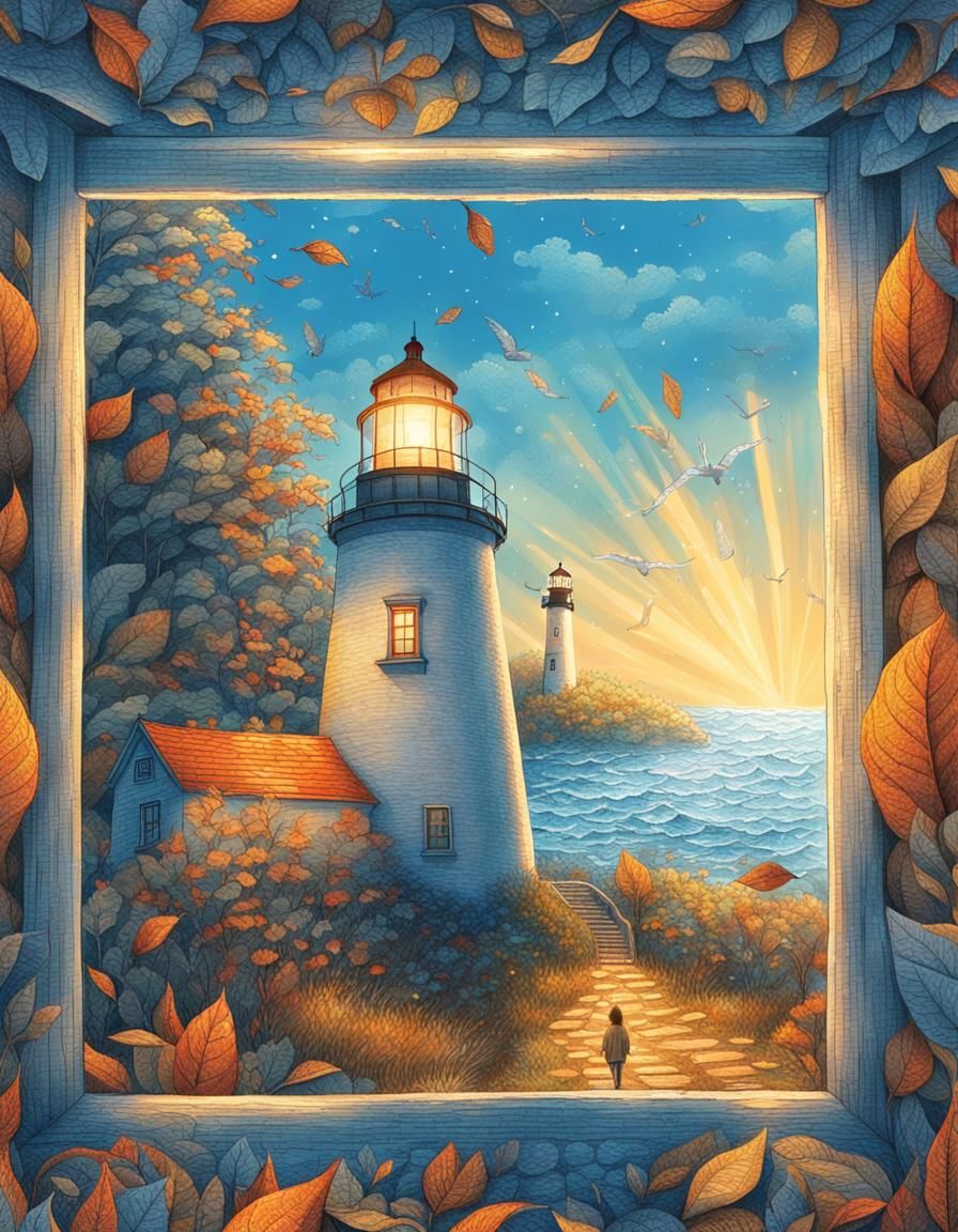 Person at Lighthouse in Autumn Leaves, Digital Art