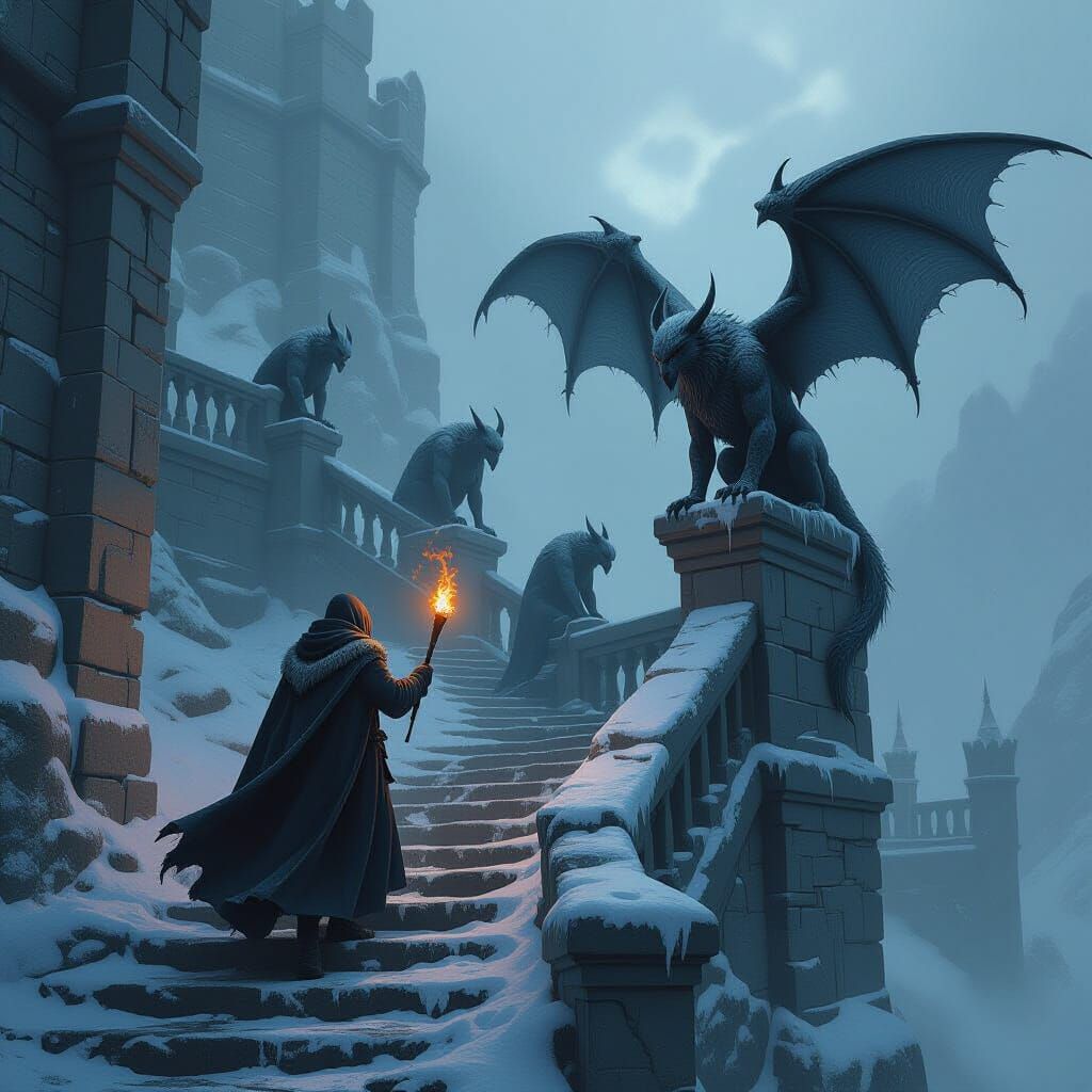 Gargoyles Awaken on Frozen Cliffs in Dark Fantasy