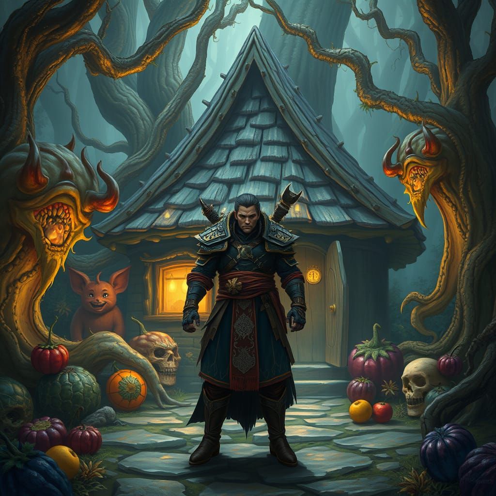 Mystical Warrior Surrounded by Twisted, Mutated Foods in an ...