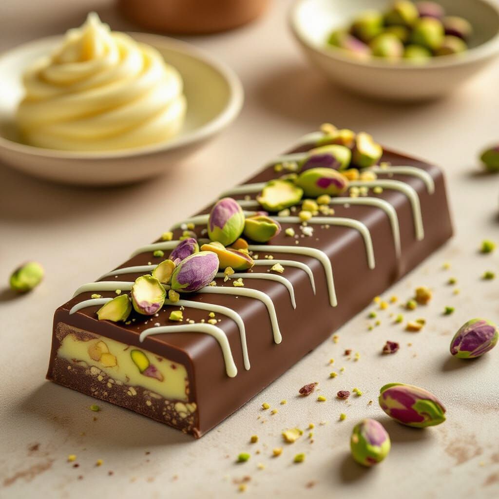 Pistachio Chocolate Bar Still Life, Elegant Food Photography