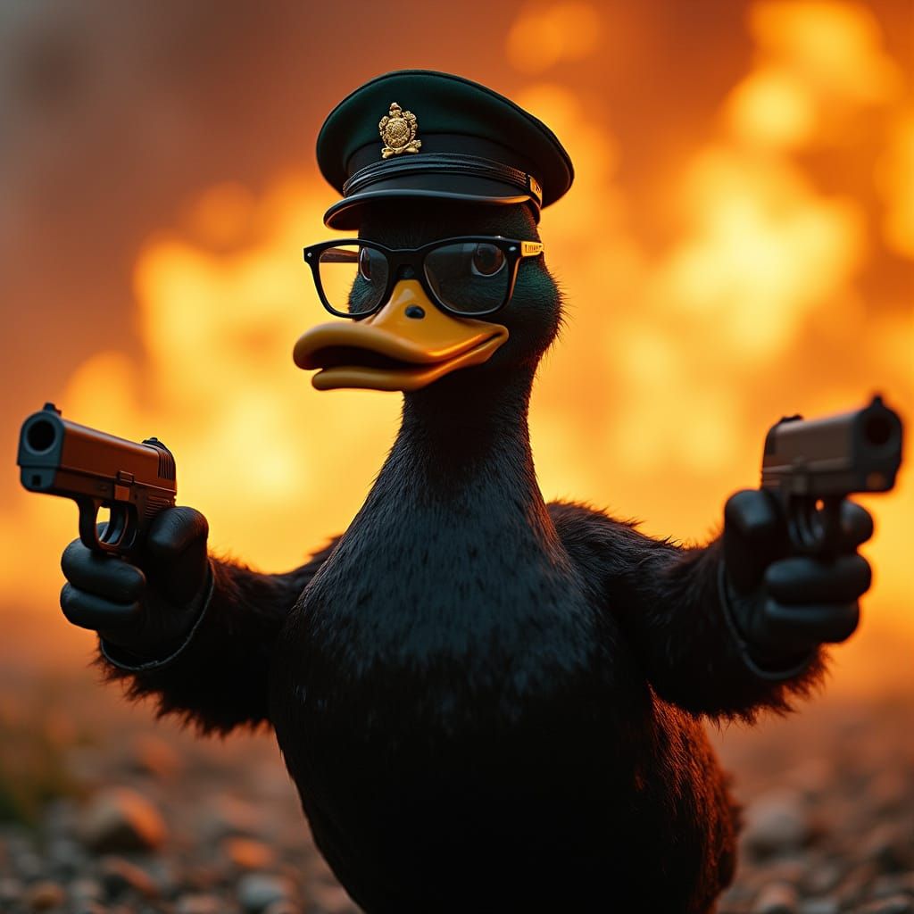 Duck with Guns Laughing Amid Explosions, Cinematic Style