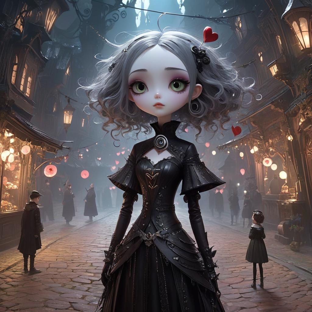 Green-Eyed Girl in Gothic Whimsical Style