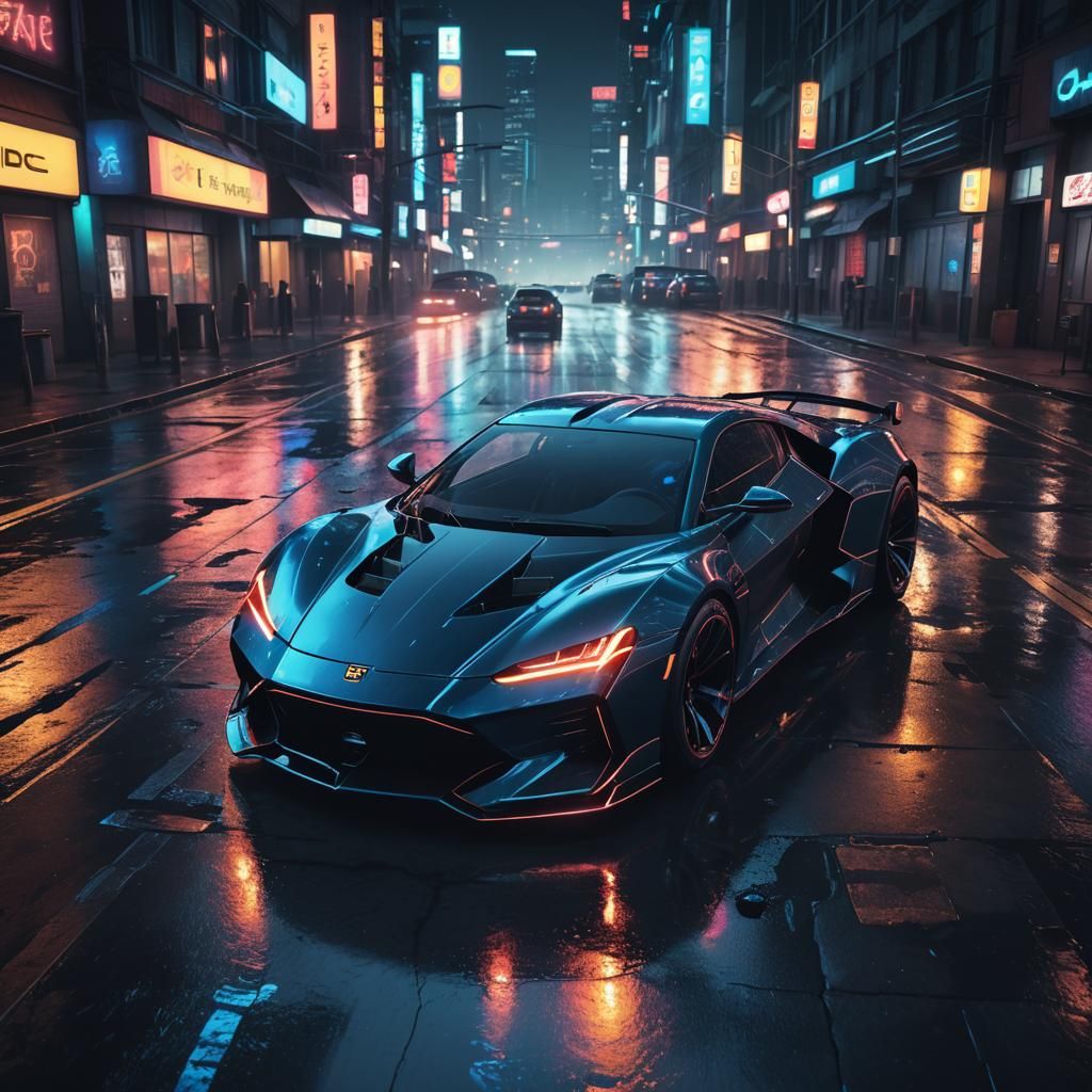 Cyberpunk Sports Car Speeding Down City Street