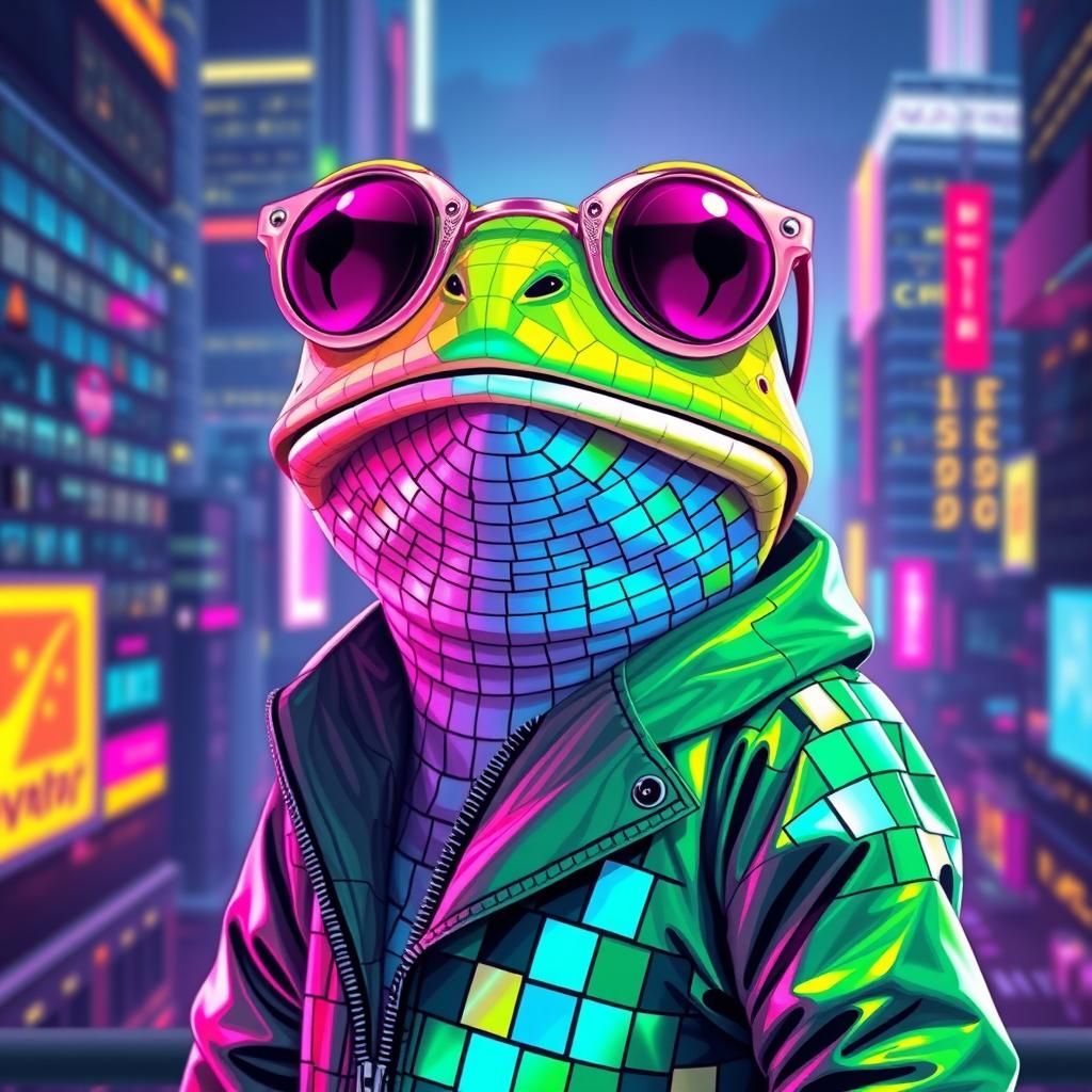 Opalescent Frog in Neon Pixel Cityscape