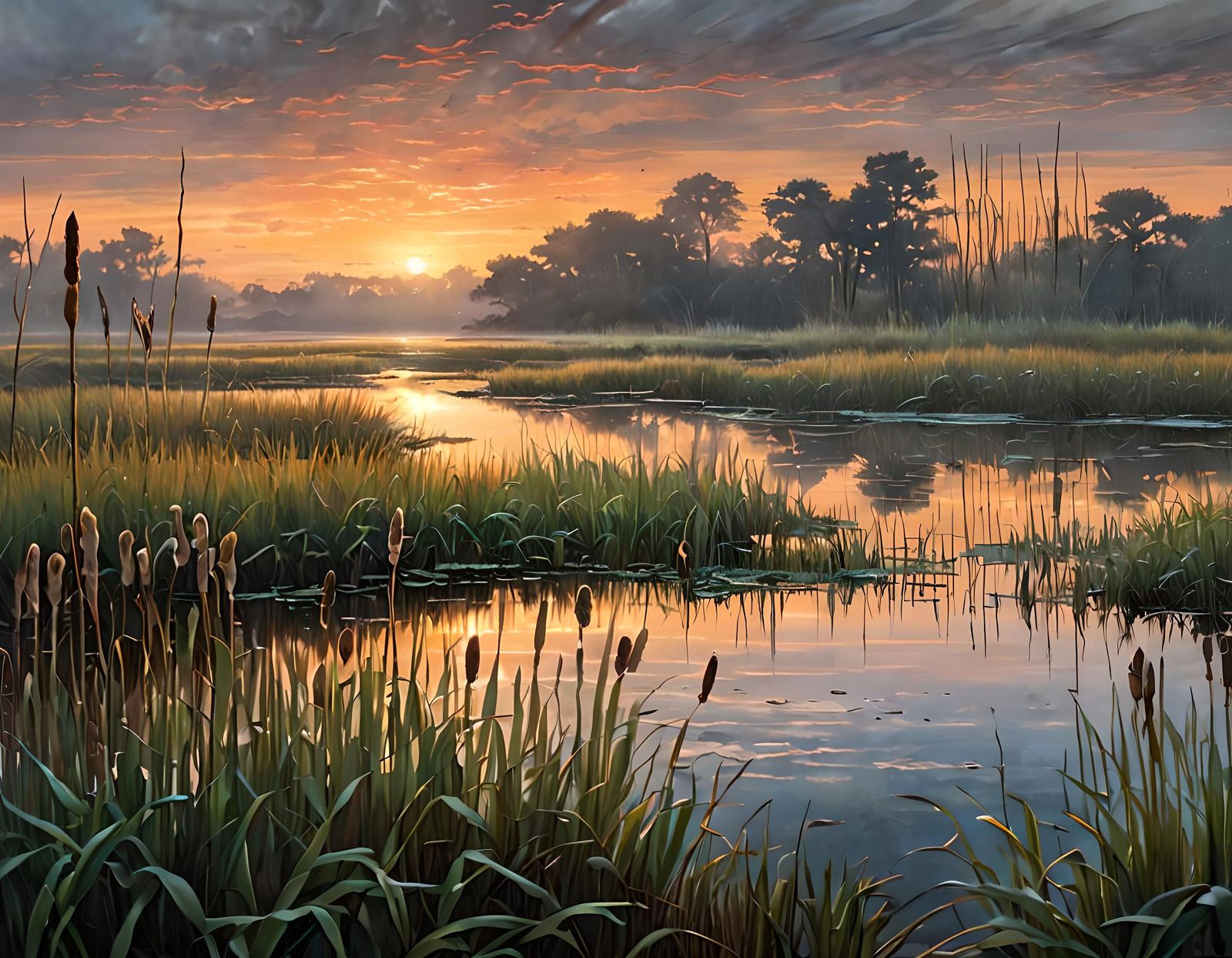 Mystical Marshland Sunrise: Oil Painting