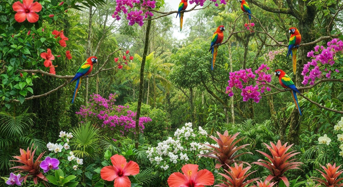 Vibrant Tropical Rainforest with Colorful Exotic Birds