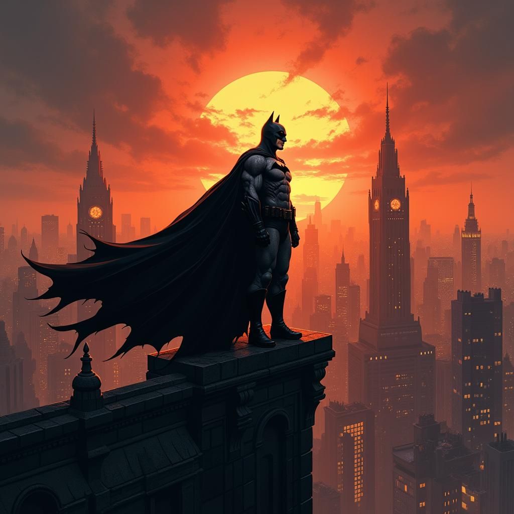 Batman on Gothic Rooftop at Sunset, Stylized Art