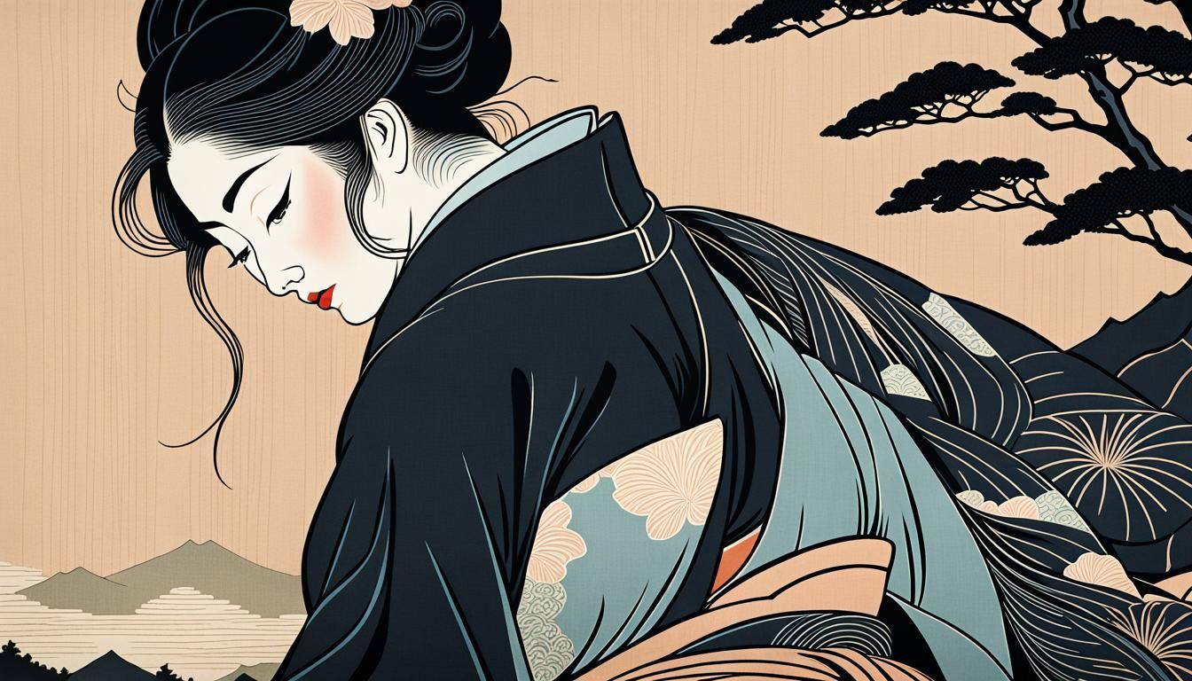 Emperor Kissing Mistress in Japanese Woodblock Print Style