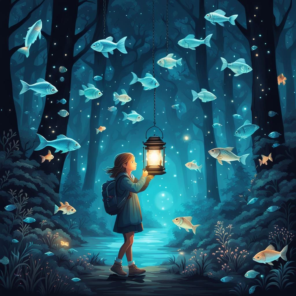Girl with Lantern in Bioluminescent Fish Forest