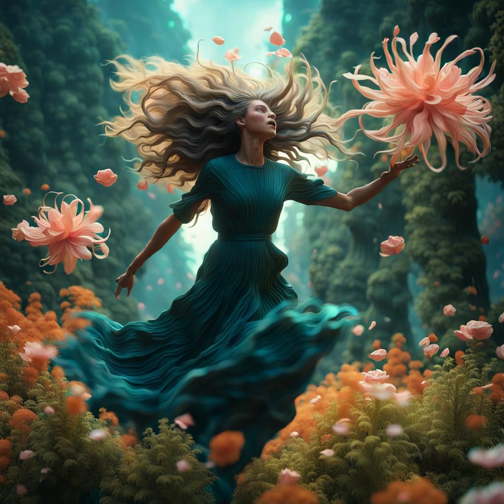 Woman Leaping with Flower in Surreal Forest