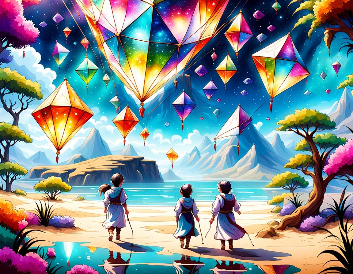 Galactic Oasis: Children Playing with Kite