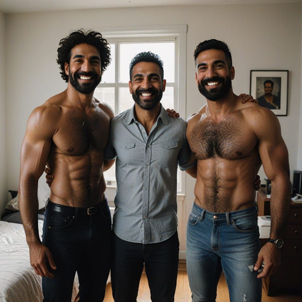 Three Handsome Men Standing Together in a Bedroom
