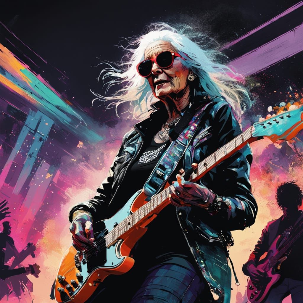 Elderly Woman Shreds Guitar in Photorealistic Style