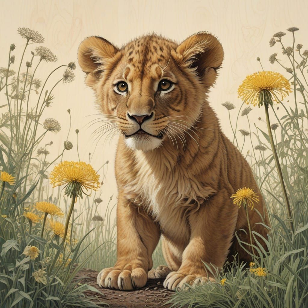 Whimsical Woodblock Print of a Lion Cub and Dandelion