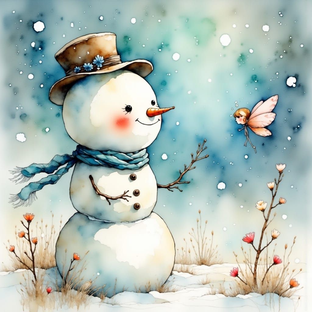 Sentimental Snowman Gazes at Snowflake Fairy in Soft Waterco...