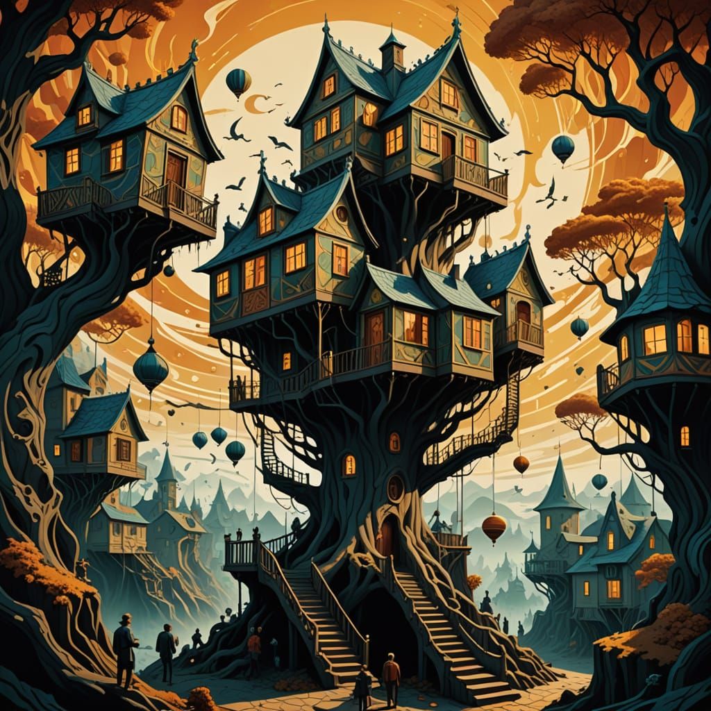 Surreal Treehouses Scene in Vibrant, Ominous Colors
