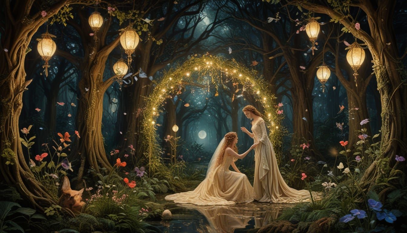 Victorian Fairy Wedding Scene in Dreamlike Forest