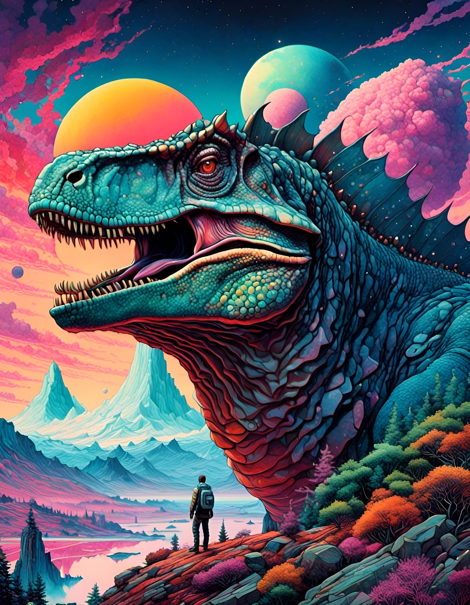 Dinosaur in Space with Iridescent Synthwave Colors
