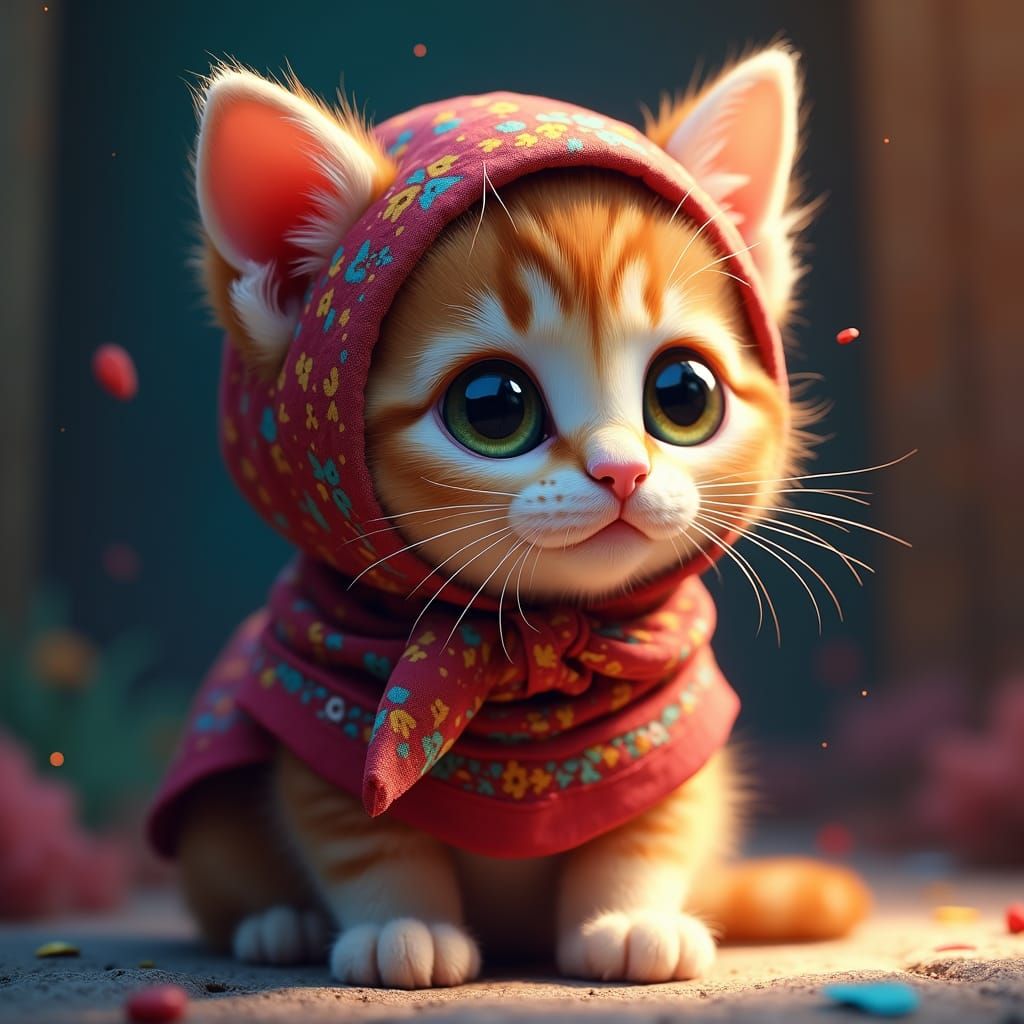 Kitten in Babushka with Expressive Eyes, Hyperrealistic Styl...