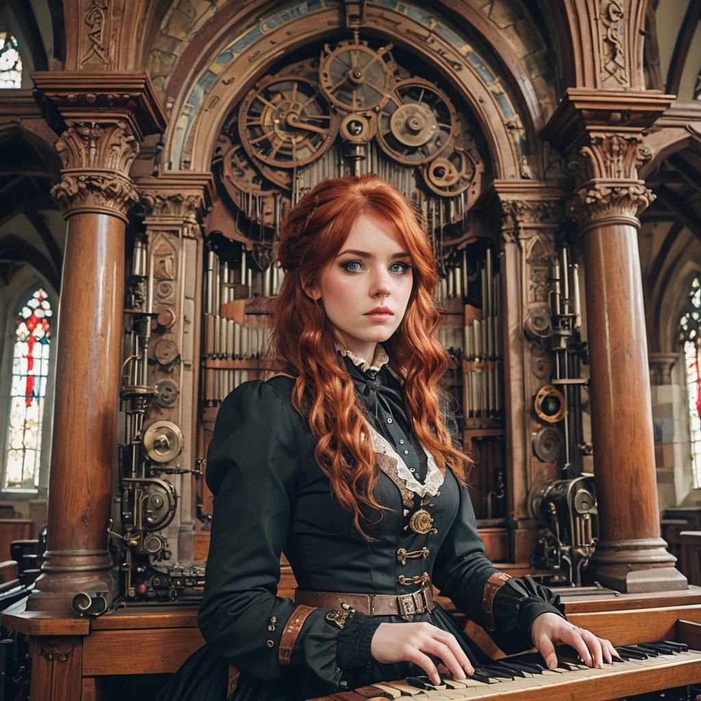 Steampunk Girl Playing Organ in Old Church