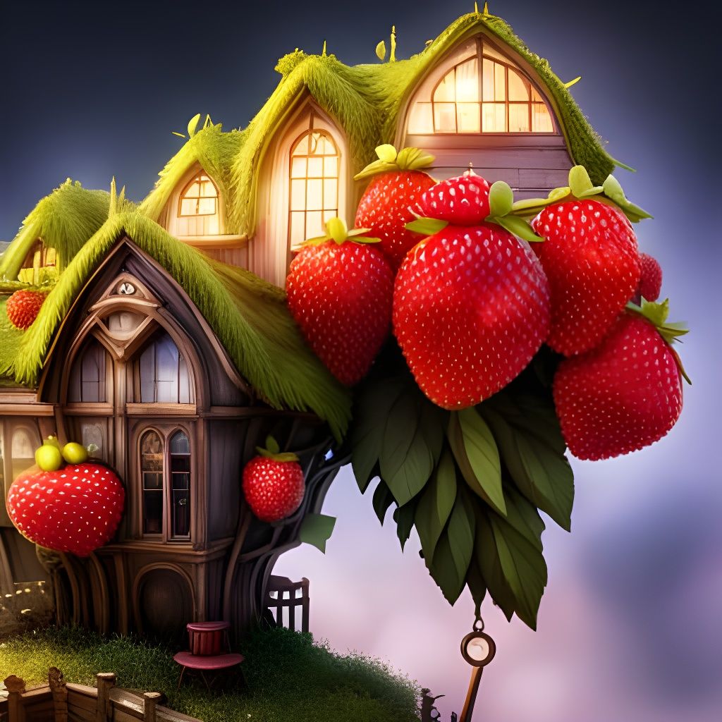 Whimsical Strawberry Houses in Lush Fantasy Garden