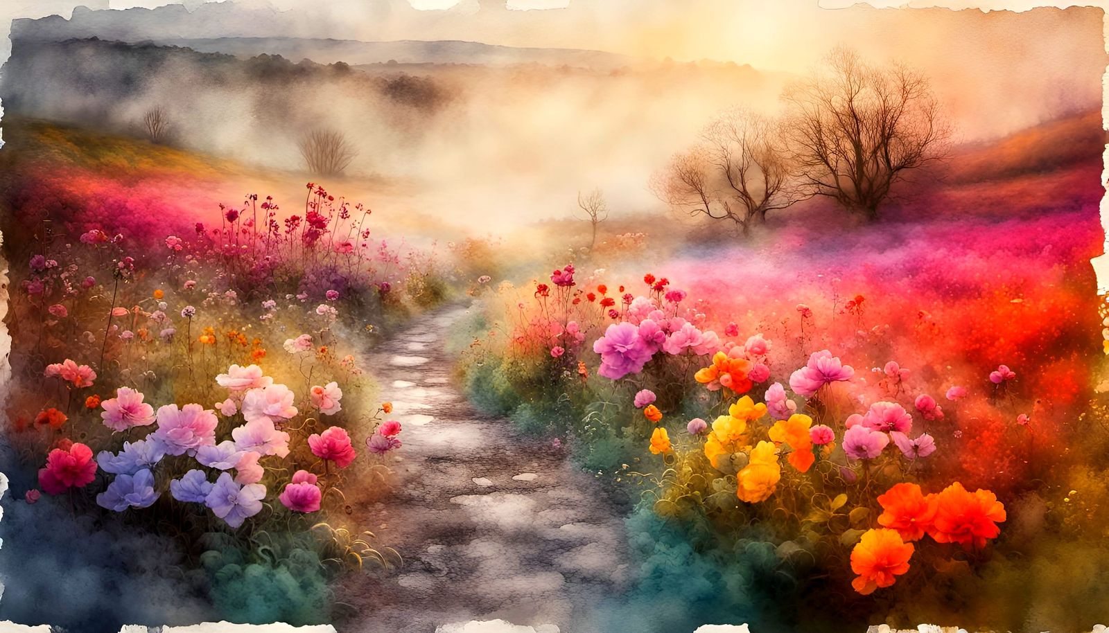 Psychedelic Spring Landscape: Watercolor Print in Ethereal S...
