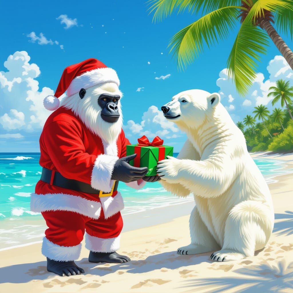 Santa Gorilla on Tropical Beach: Hyperrealistic Art