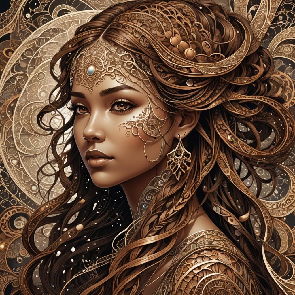 Abstract Fractal Woman with Braids in Zentangle Style