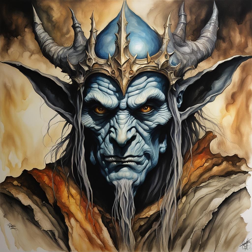 Portrait Sauron Khazaddum alcohol ink resolution hyperdetailed Brian Froud Boris Vallejo