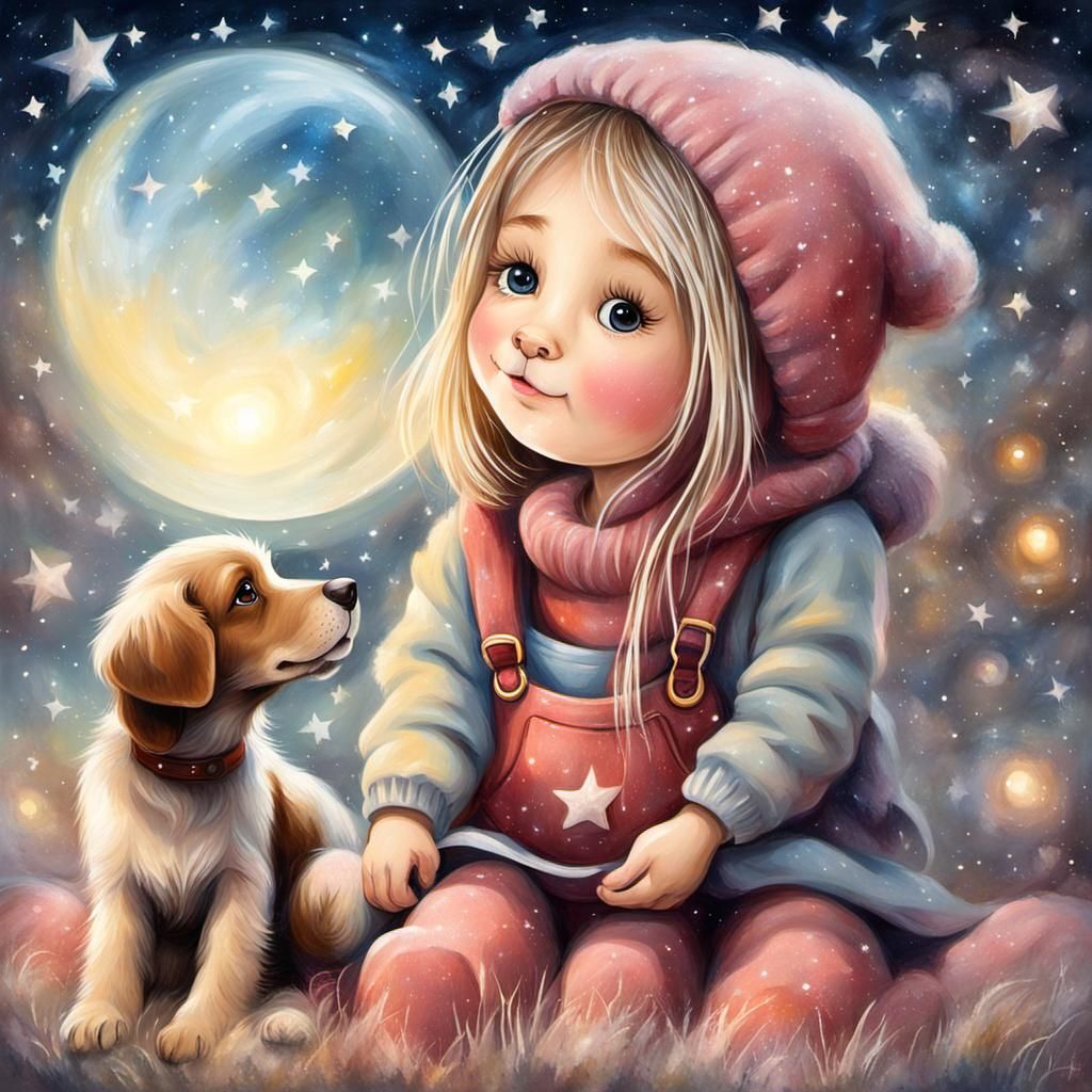 Girl and Dog Stargazing: Clean Oil Painting