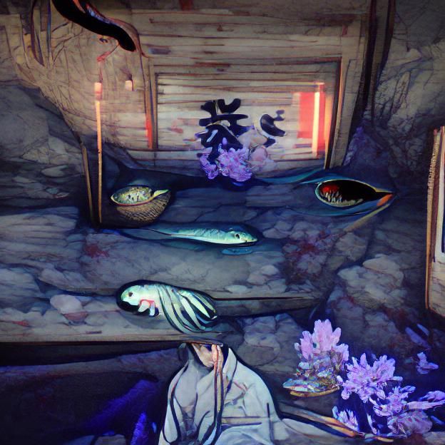 Eldritch Horror with Fish in Ukiyo-e Style