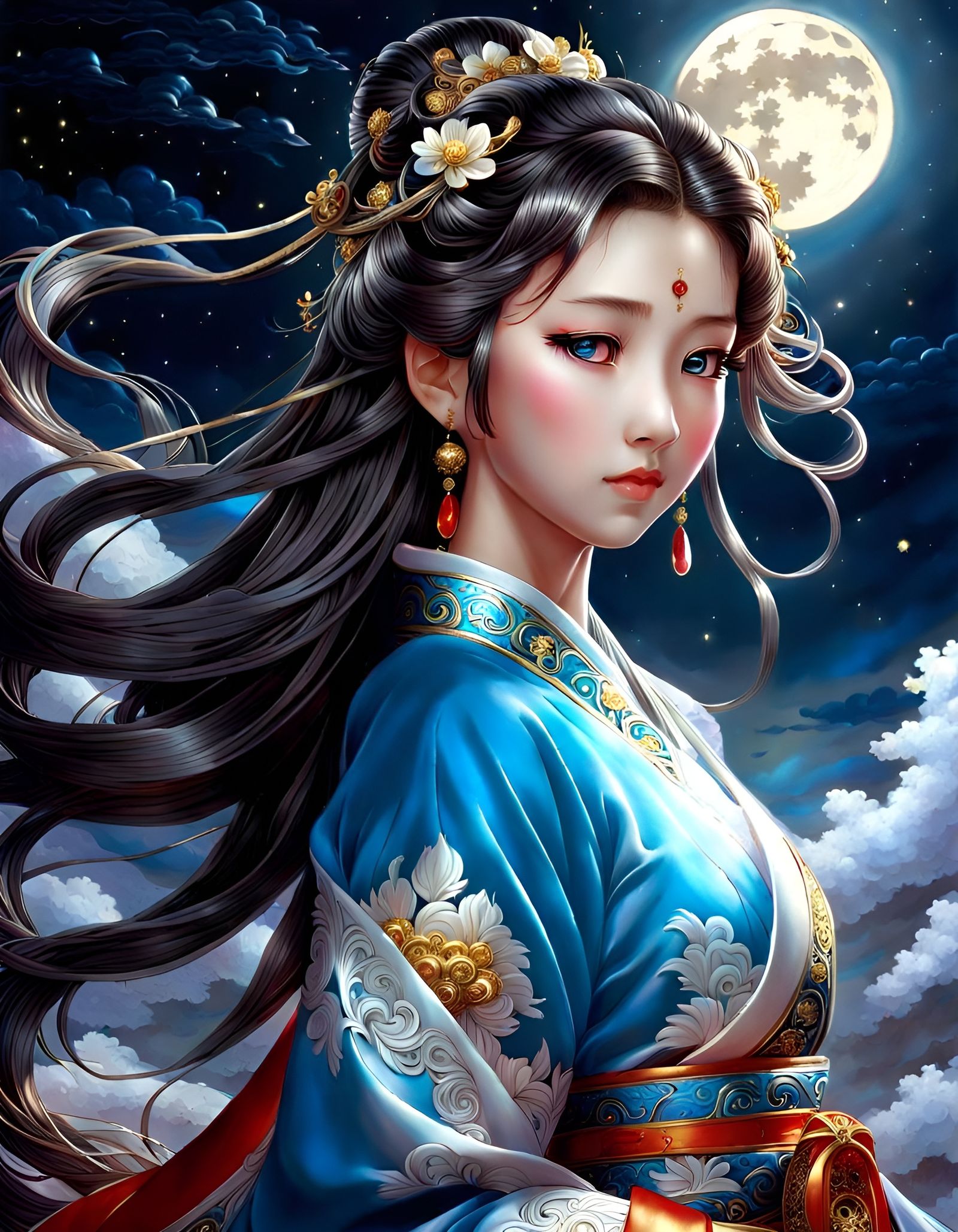 Cute Chinese Princess with Dark Eyes & Flowing Hair in Traditional gone