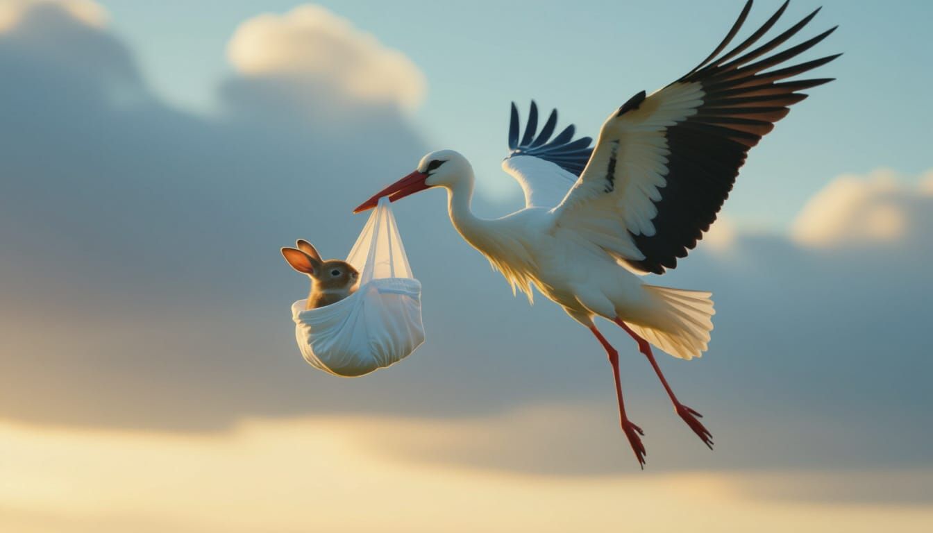 Cinematic frame photo of a stork in flight, holding a white ...